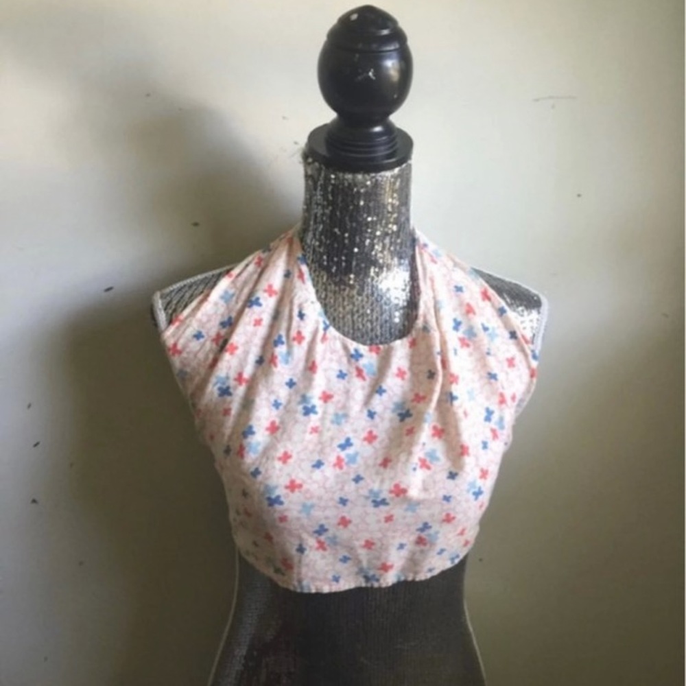 Vintage 70s Floral Print Halter Tie Top Crop Top Shirt